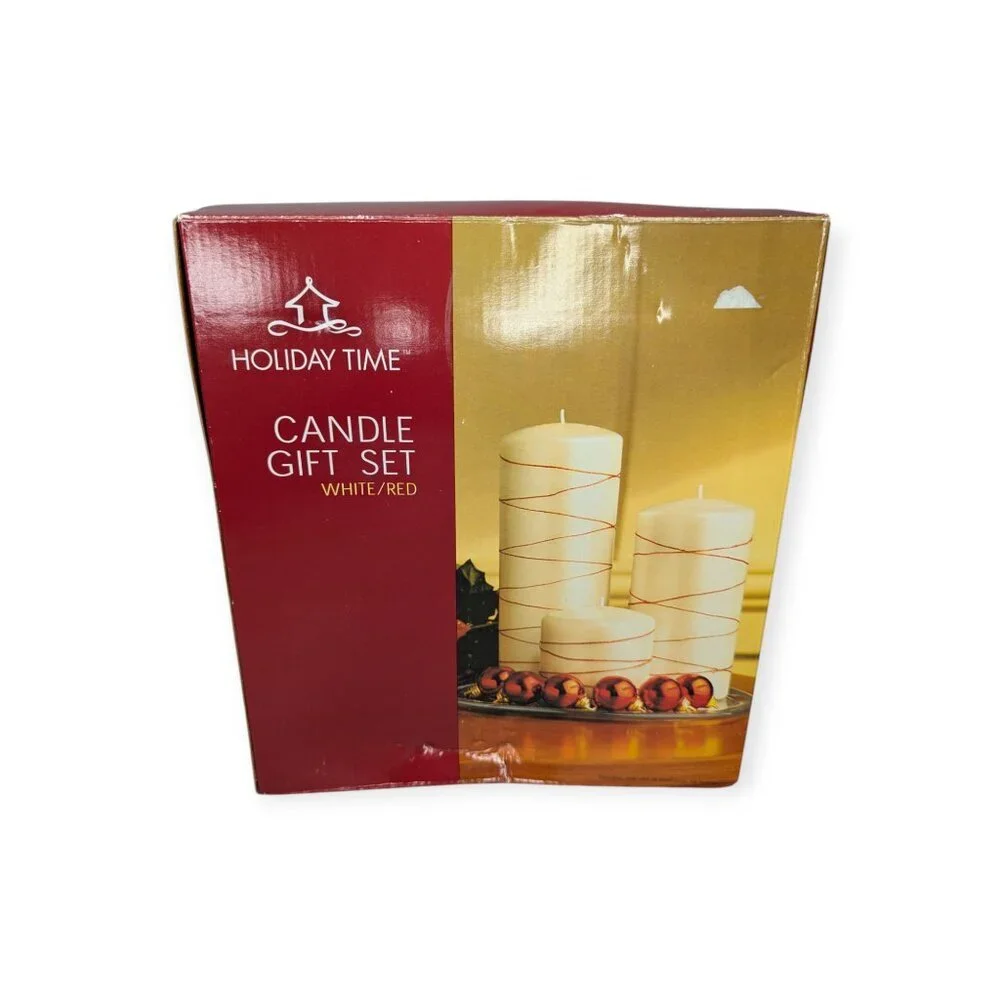 Holiday Time Pillar Candle Gift Set White/Red NIB